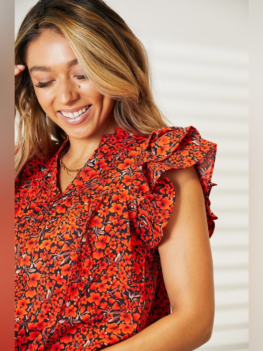 Double Take Floral Flutter Sleeve Notched Neck Blouse - Picture 3 of 12